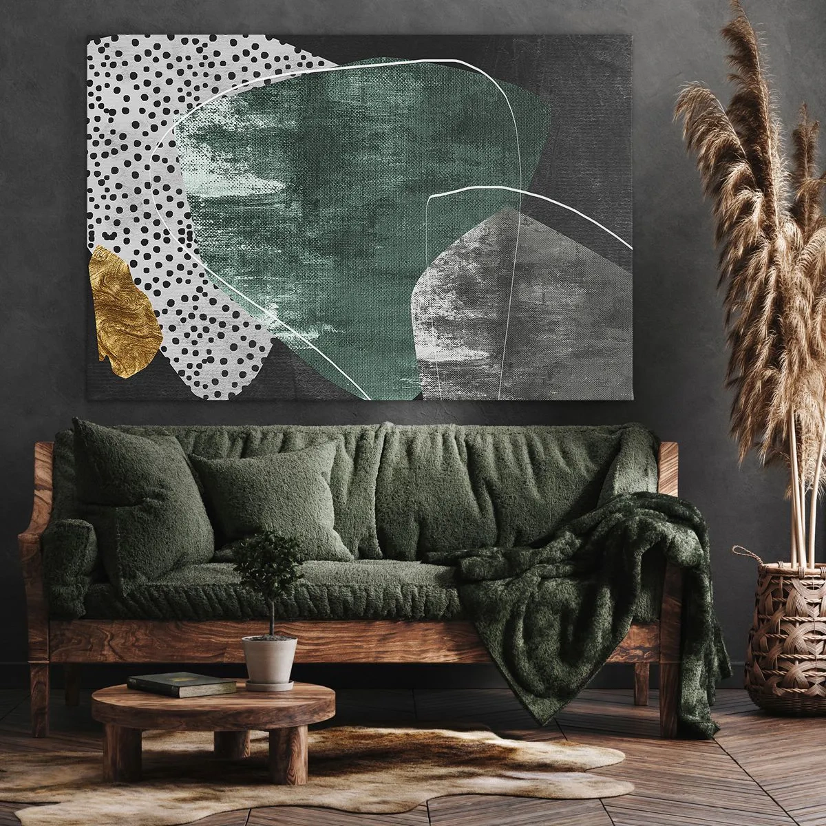 Canvas picture - Abstract composition with green shapes and dot patterns - 70x50cm - Colourful Abstract with a Golden Petal - Modern wall decoration for the living room and bedroom ARTTOR