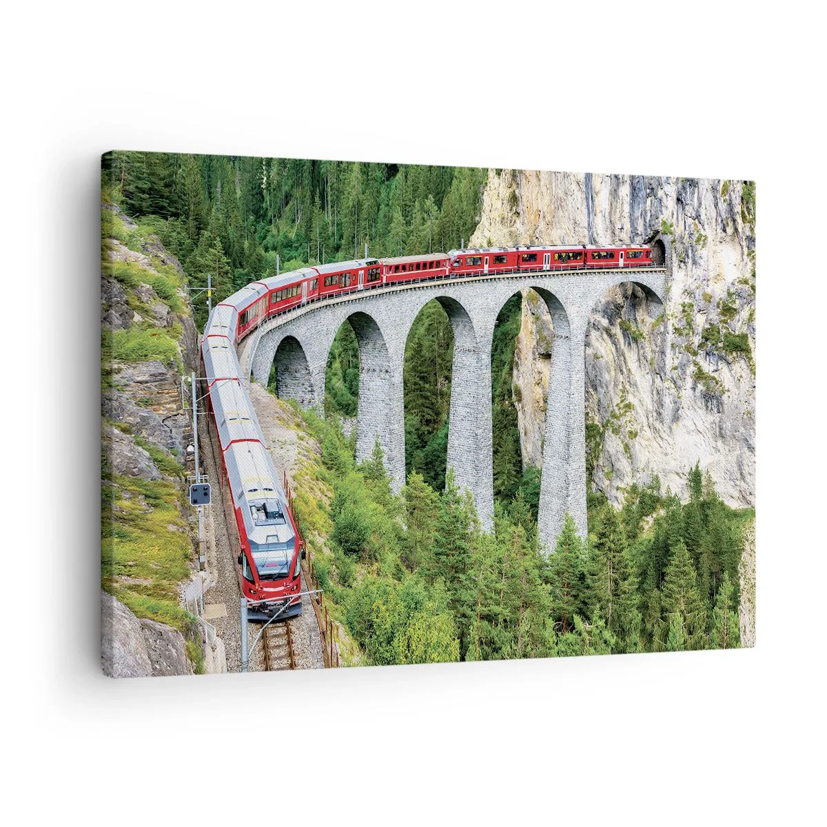Canvas picture - A train on a picturesque viaduct in a mountainous landscape - 70x50cm - Time for Mountin Views - Modern wall decoration for the living room and bedroom ARTTOR