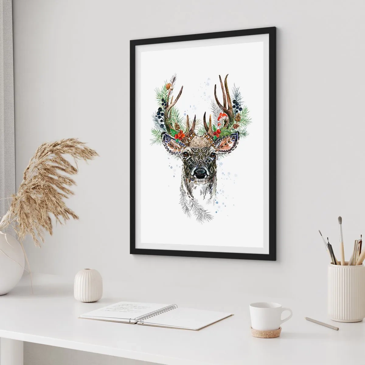 Poster in black frame - Decorative deer with ornaments and floral accents - 50x70cm - In Christmas Attire - Modern wall decoration for the living room and bedroom ARTTOR
