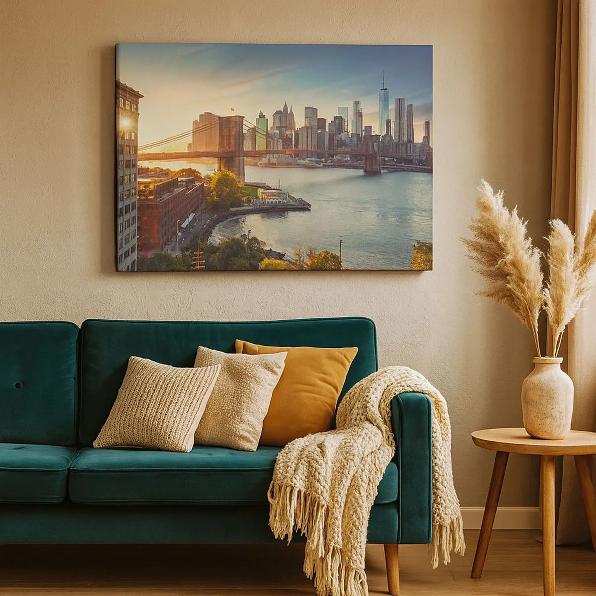 Canvas picture - Panorama of the city with the bridge at sunset - 70x50cm - Big City Dawn - Modern wall decoration for the living room and bedroom ARTTOR