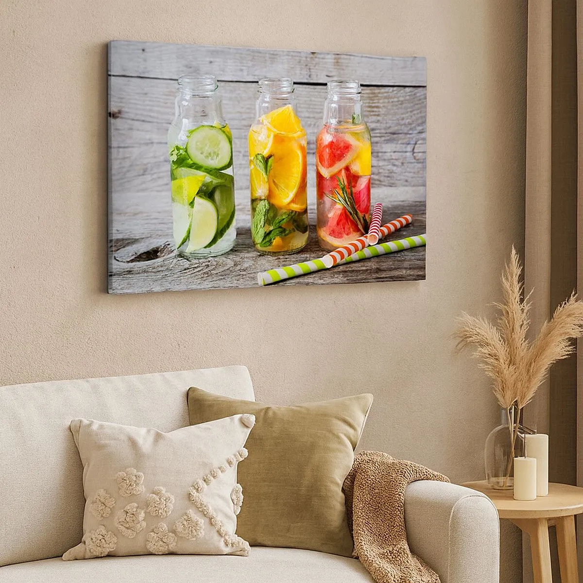 Canvas picture - Bottles of fruit water and herbs on a wooden background - 70x50cm - Healthy by Nature - Modern wall decoration for the living room and bedroom ARTTOR
