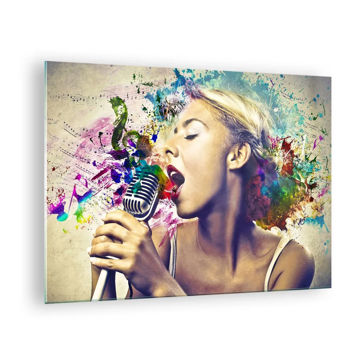 Glass picture - A colorful composition of a woman singing into a microphone. - 70x50cm - Painting the World with One's Voice - Modern wall decoration for the living room and bedroom ARTTOR