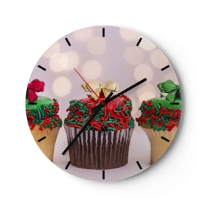 Wall clock - Clock on glass - Christmas cupcakes with colorful sprinkles and bows - 30x30cm - Cakes with a Bow - Modern wall decoration for the living room, kitchen, and bedroom ARTTOR