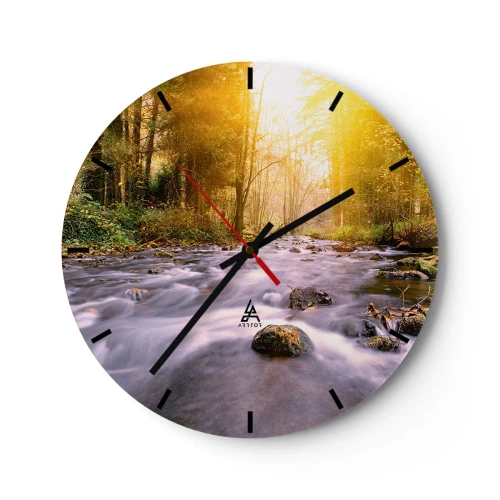 Wall clock - Clock on glass - A stream in the forest illuminated by the golden morning light - 30x30cm - Malachite in Silver and Gold Setting - Modern wall decoration for the living room, kitchen, and bedroom ARTTOR