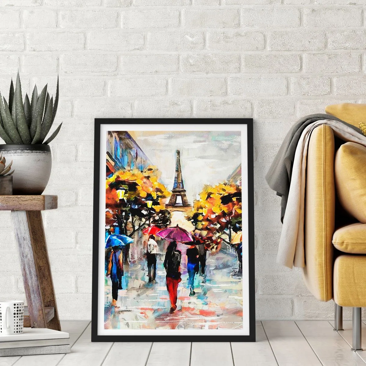 Poster in black frame - The Eiffel Tower in an autumn landscape with colorful umbrellas - 50x70cm - Especially Beautiful in Autumn - Modern wall decoration for the living room and bedroom ARTTOR