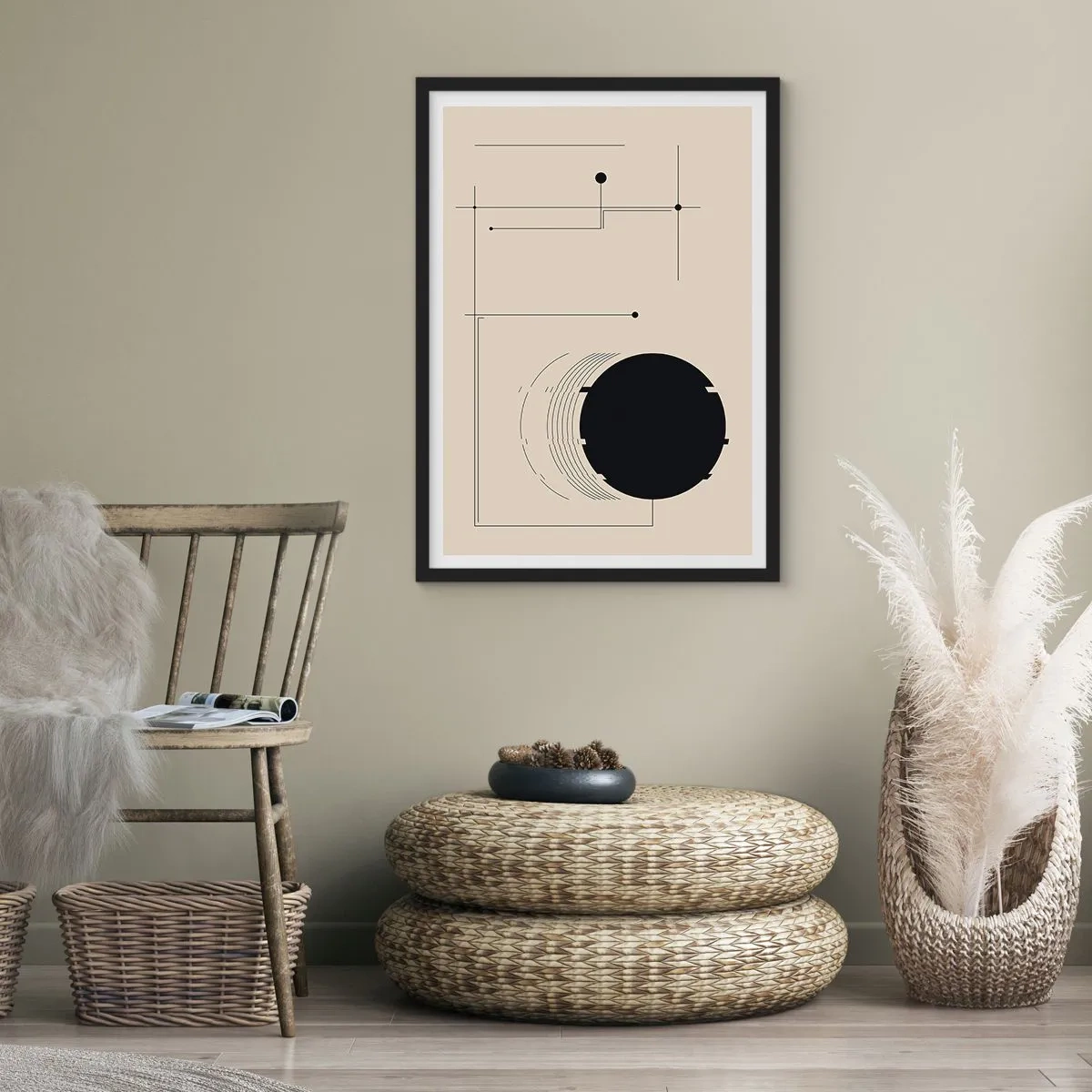 Poster in black frame - A minimalist geometric composition on a beige background - 50x70cm - Springy and Dynamic Composition - Modern wall decoration for the living room and bedroom ARTTOR