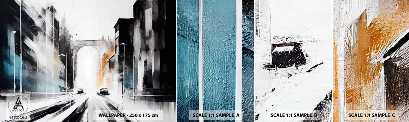 Photo Wallpaper Sample Standard Eco - Study of a City: Architecture and Movement - Architecture, Landscape, Street - 100x30 cm