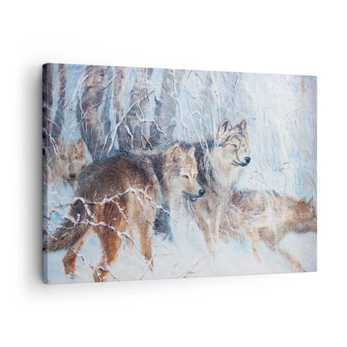 Canvas picture - Wolves in a winter forest against a snowy backdrop - 70x50cm - Watch out! It Is Coming - Modern wall decoration for the living room and bedroom ARTTOR