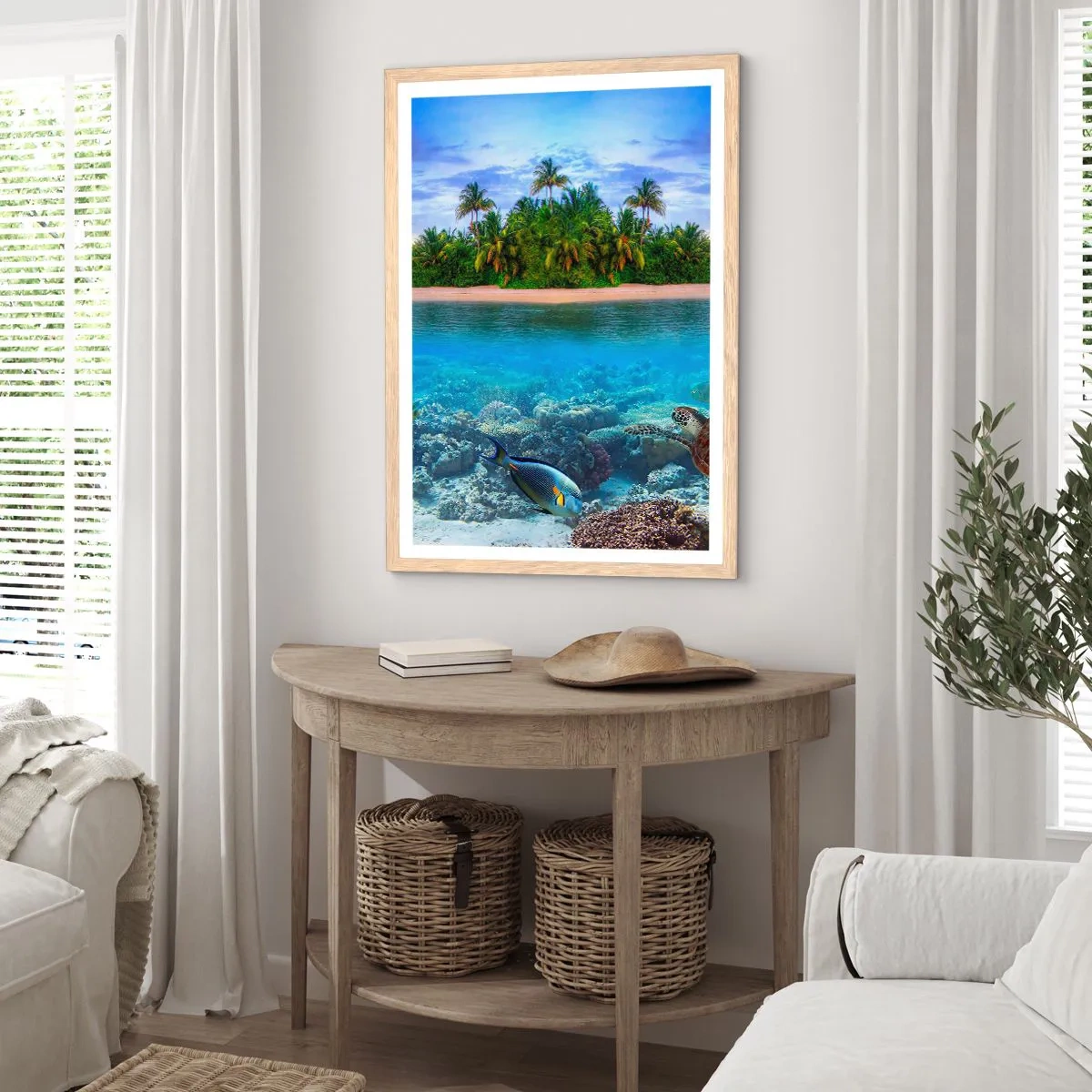 Poster in light oak frame - Heavenly Island Invites You - 61x91 cm