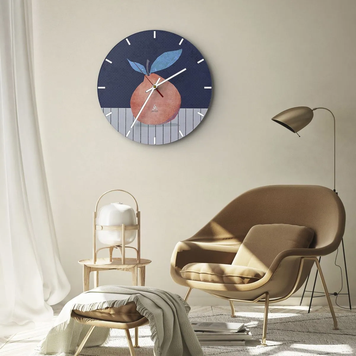 Wall clock - Clock on glass - Peach with leaves on a navy blue background - 30x30cm - Convexity and Plane - Modern wall decoration for the living room, kitchen, and bedroom ARTTOR