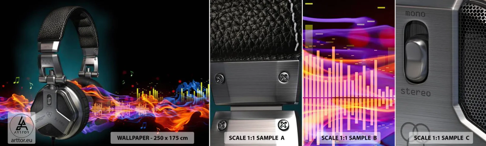 Photo Wallpaper Sample Self-Adhesive Deluxe Sticker - In the Fire of Music - Abstraction, Music, Headphones - 100x30 cm