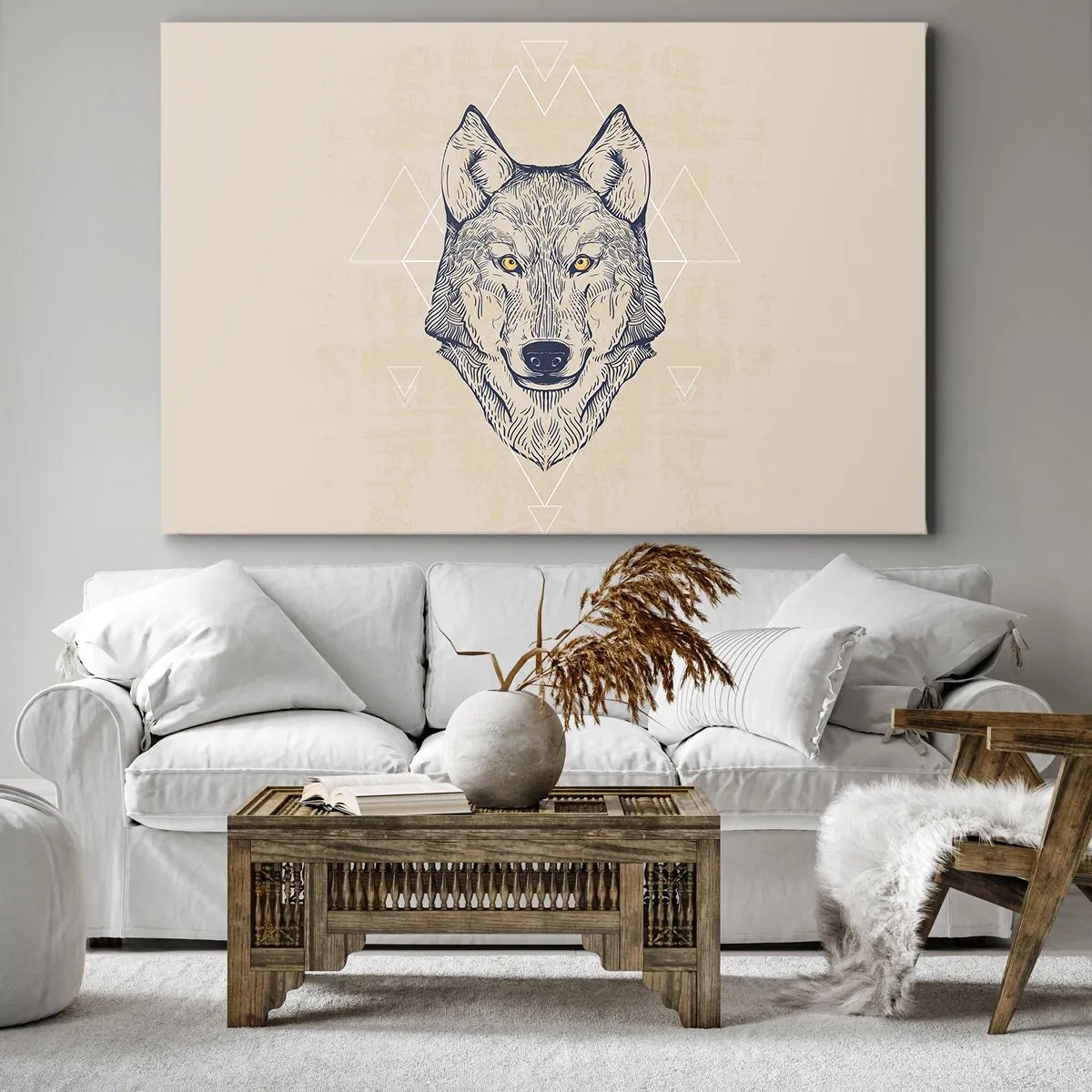 Canvas picture - A geometric wolf on a light background with minimalist patterns. - 70x50cm - Alpha with a Piercing Eyes - Modern wall decoration for the living room and bedroom ARTTOR