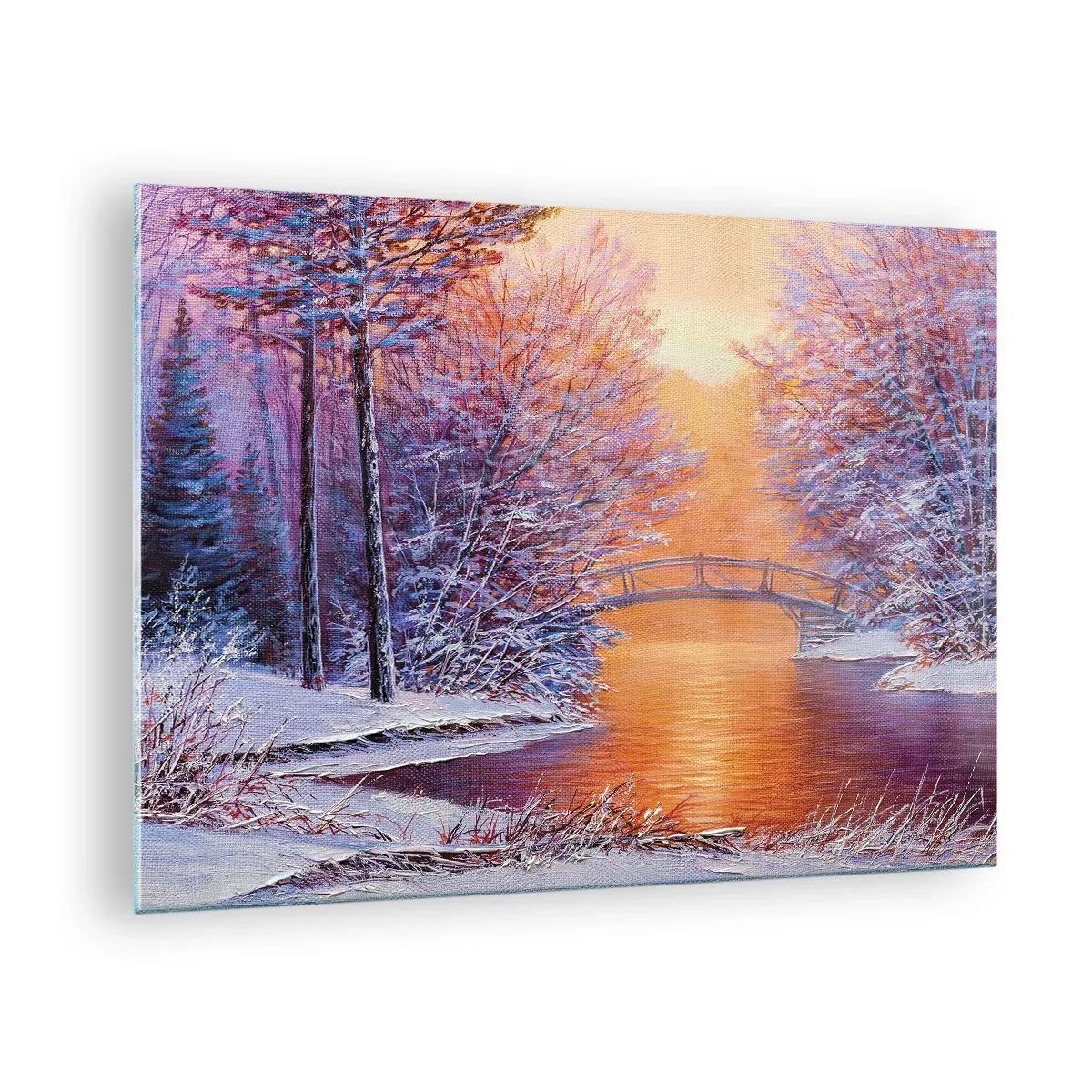Glass picture - Winter landscape with a bridge and snow-covered trees at sunset - 70x50cm - Let's Meet Here - Modern wall decoration for the living room and bedroom ARTTOR