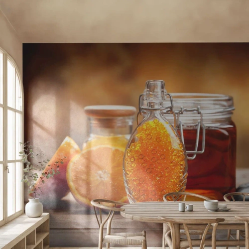 Photo Wallpaper Premium Sand - Sunny Flavours and Aromas - Gastronomy, Orange, Jar With Honey - 150x105 cm