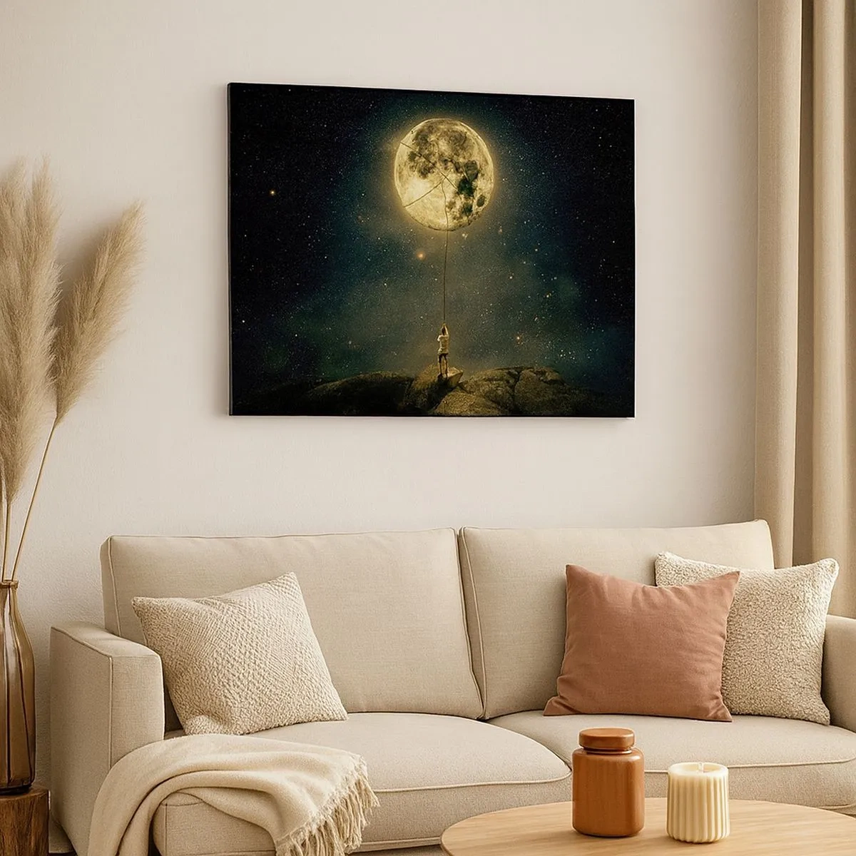 Canvas picture - Man with the Moon against the starry sky - 70x50cm - One that Stole the Moon - Modern wall decoration for the living room and bedroom ARTTOR