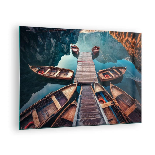 Glass picture - View of wooden boats moored at a pier in the mountains - 70x50cm - Waiting at the Harbour - Modern wall decoration for the living room and bedroom ARTTOR