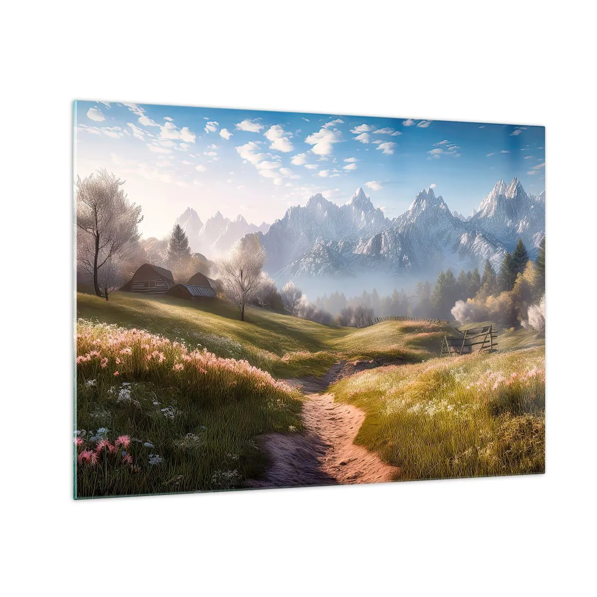 Glass picture - Spring landscape with a valley, flowers and mountains in the background in the morning - 70x50cm - Quiet Valley - Modern wall decoration for the living room and bedroom ARTTOR