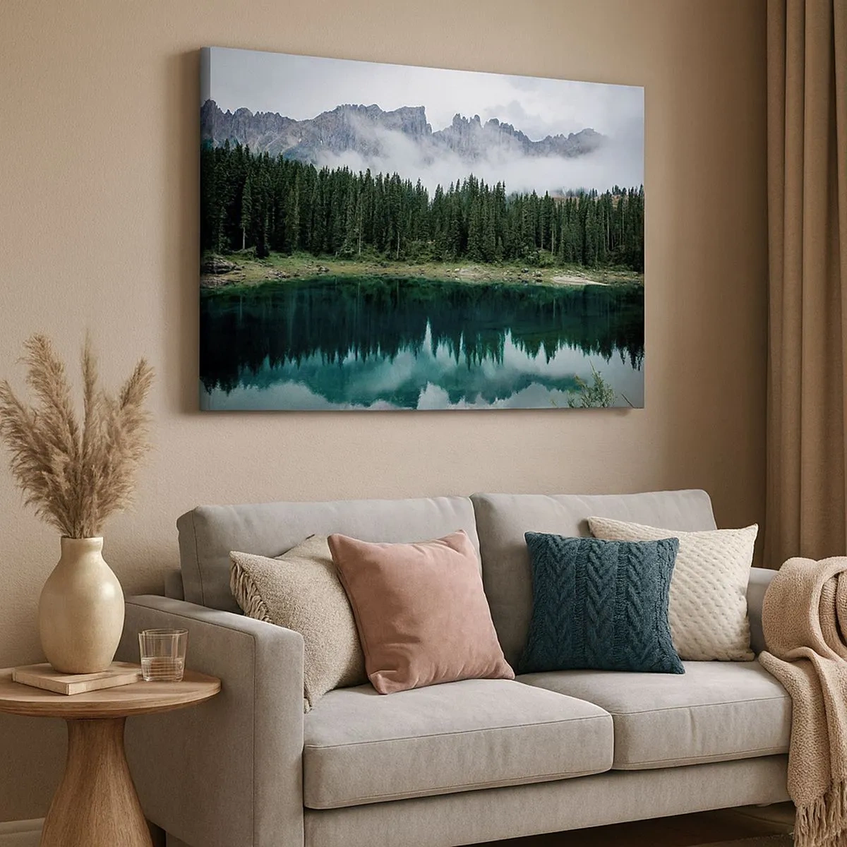 Canvas picture - A mountain landscape with a forest and a lake reflecting the sky - 70x50cm - Quiet Please, Let's Not Wake Up Still Waters - Modern wall decoration for the living room and bedroom ARTTOR