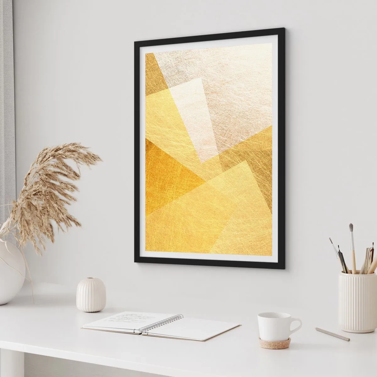 Poster in black frame - Golden geometric abstraction with a metallic effect - 50x70cm - Weather of Geometry - Modern wall decoration for the living room and bedroom ARTTOR