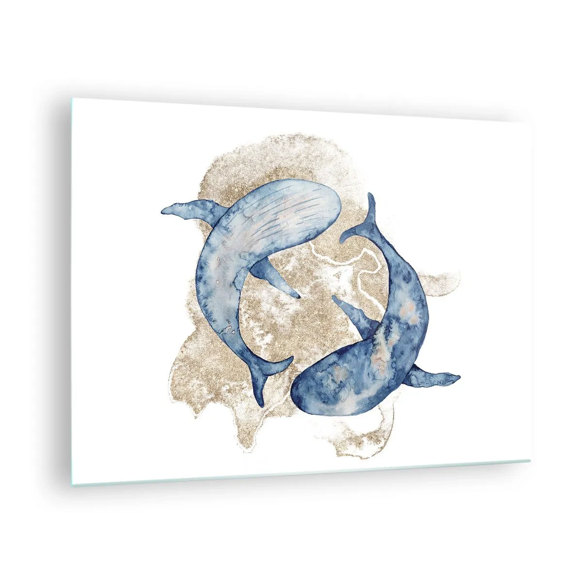 Glass picture - Two blue whales against a background of abstract golden spots - 70x50cm - Frendship or Love? - Modern wall decoration for the living room and bedroom ARTTOR