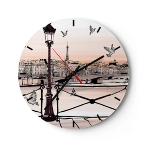 Wall clock - Clock on glass - A lantern, pigeons and the panorama of Paris at sunset - 30x30cm - Over the Roofs of Paris - Modern wall decoration for the living room, kitchen, and bedroom ARTTOR