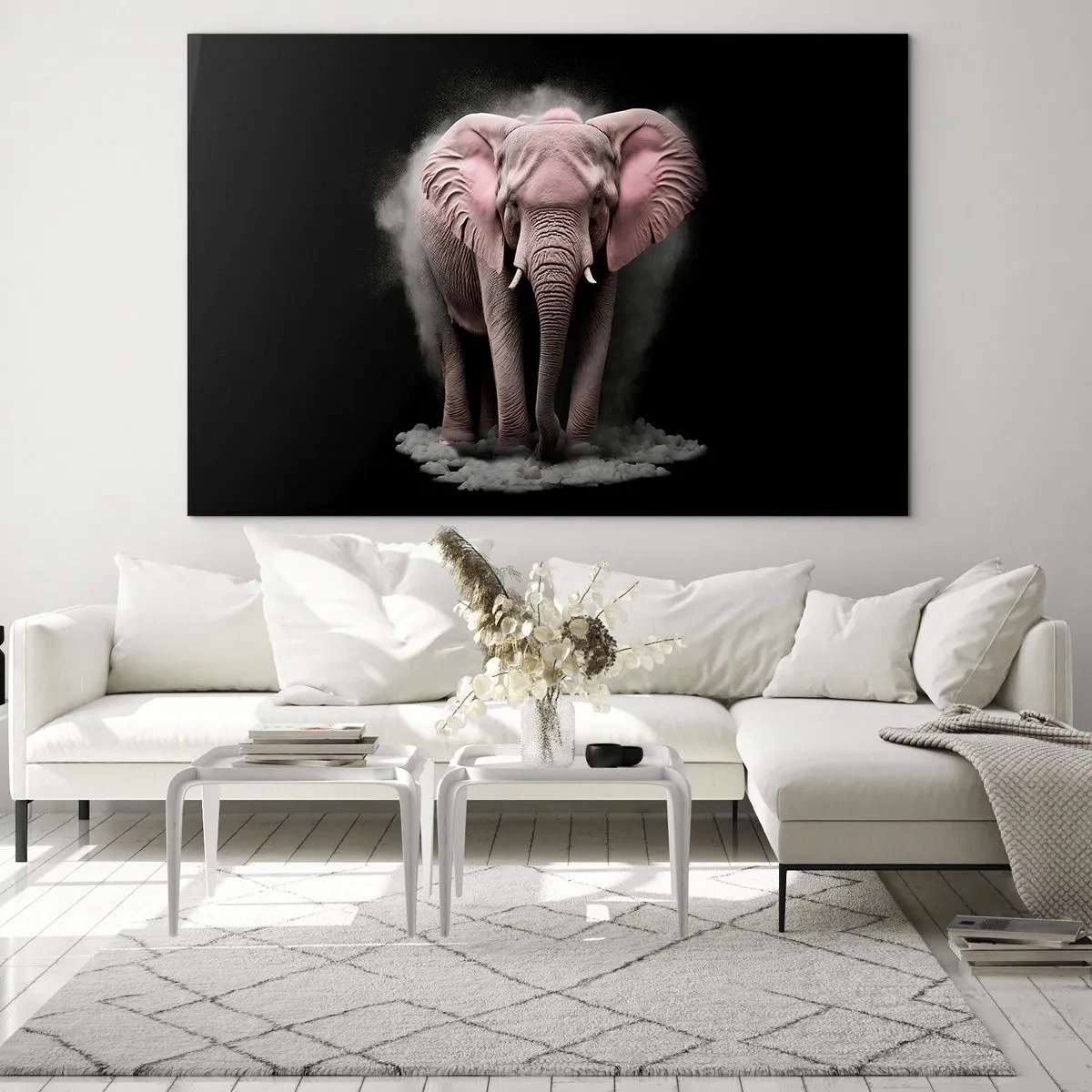 Glass picture - A pink elephant on a black background surrounded by a cloud of dust. - 70x50cm - Don't Think About a Pink Elephant! - Modern wall decoration for the living room and bedroom ARTTOR