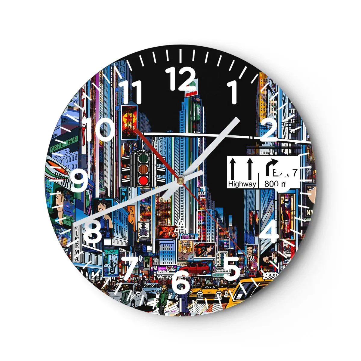 Wall clock - Clock on glass - Comic Night in a Big City - 40x40 cm