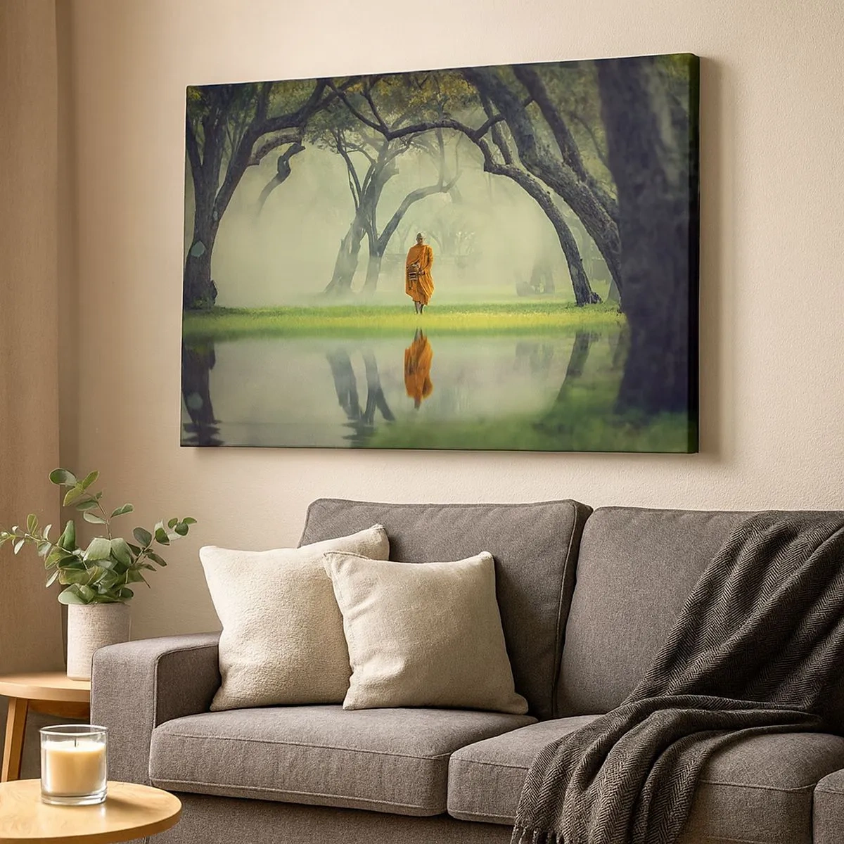 Canvas picture - A monk in an orange robe in a forest with a foggy background and reflection in the water. - 70x50cm - On the Way to Enlightenment - Modern wall decoration for the living room and bedroom ARTTOR