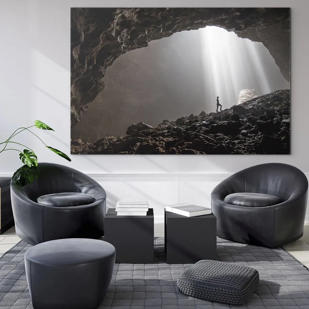 Glass picture - A figure in a cave illuminated by rays of light, surrounded by dark rocks - 70x50cm - Luminous Grotto - Modern wall decoration for the living room and bedroom ARTTOR