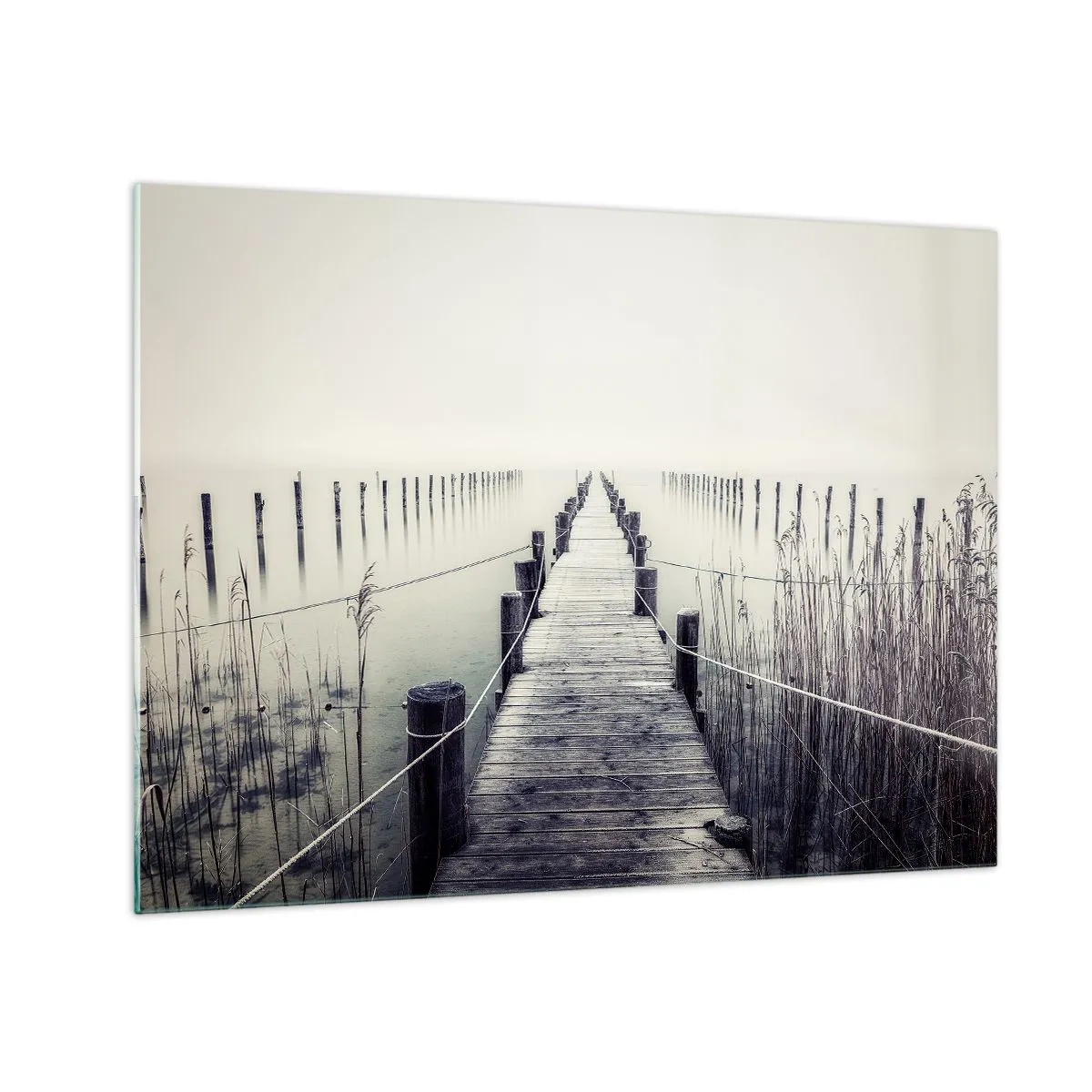 Glass picture - A wooden bridge leads into the depths of a calm lake in the fog. - 70x50cm - Immerse Yourself in Peace - Modern wall decoration for the living room and bedroom ARTTOR