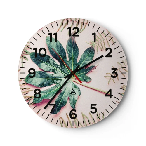 Wall clock - Clock on glass - Study in Green on Pink Background - 40x40 cm