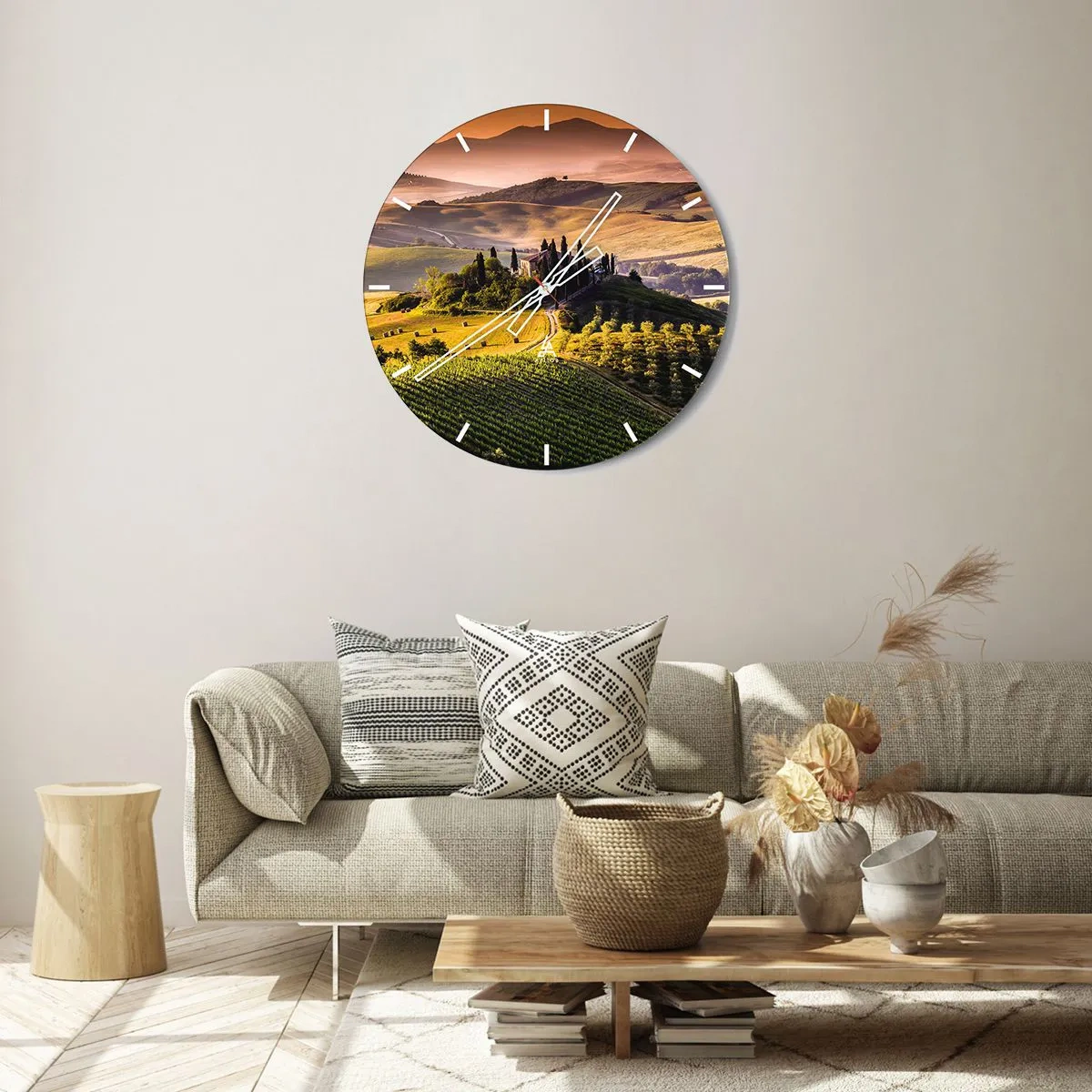 Wall clock - Clock on glass - Picturesque hills with trees and vineyards in the warm light - 30x30cm - Arcadia - Tuscan Landscape - Modern wall decoration for the living room, kitchen, and bedroom ARTTOR