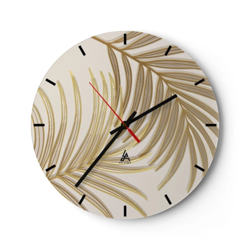 Wall clock - Clock on glass - Golden palm leaves on a beige background in an elegant arrangement - 30x30cm - Golden Palm! - Modern wall decoration for the living room, kitchen, and bedroom ARTTOR