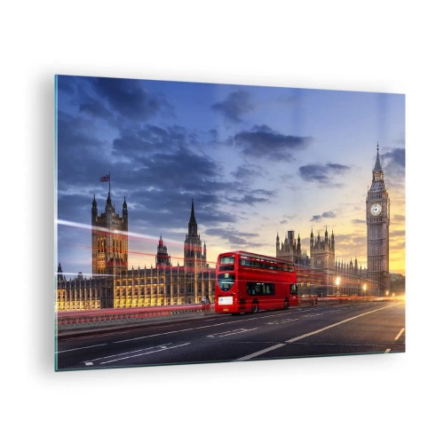 Glass picture - Big Ben and the Red Bus in London at Sunset - 70x50cm - Characteristic Landmarks - Modern wall decoration for the living room and bedroom ARTTOR