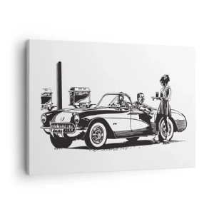Canvas picture - A black and white retro scene with a car and a waitress on roller skates. - 70x50cm - Careless America in the 60-ies - Modern wall decoration for the living room and bedroom ARTTOR