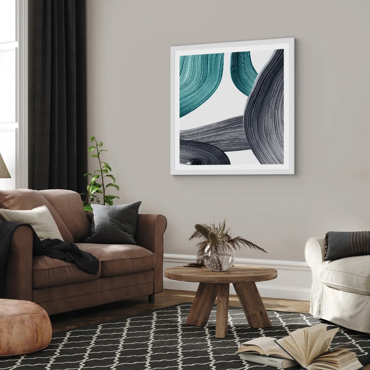 Poster in white frmae - Emerald and Black Trails - 60x60 cm