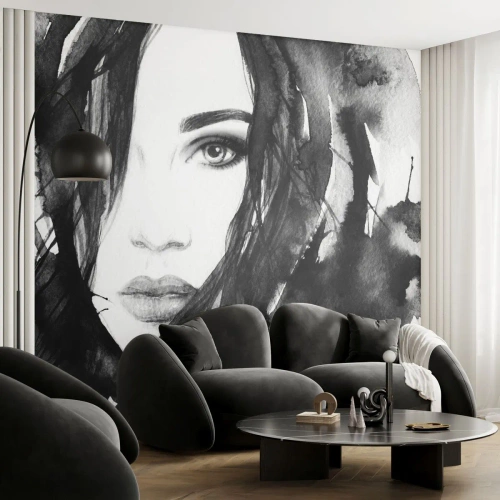 Custom Self-Adhesive Wallpaper Deluxe Sticker - Portriat of a Lady in Black and White - Abstraction, Woman's Face, Portrait
