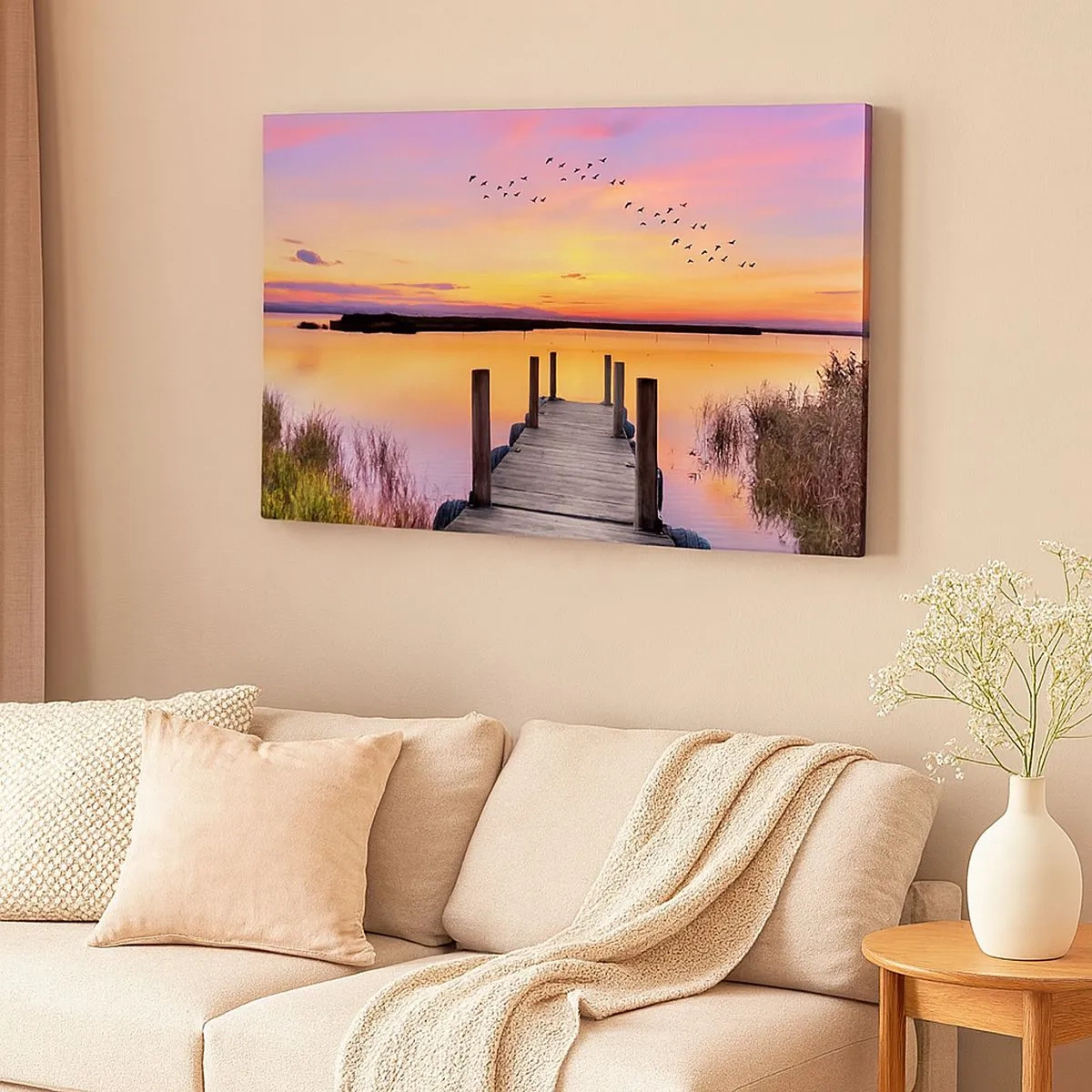 Canvas picture - A pier on a lake at sunset with birds in the sky - 70x50cm - Violet Quiet Dawn - Modern wall decoration for the living room and bedroom ARTTOR