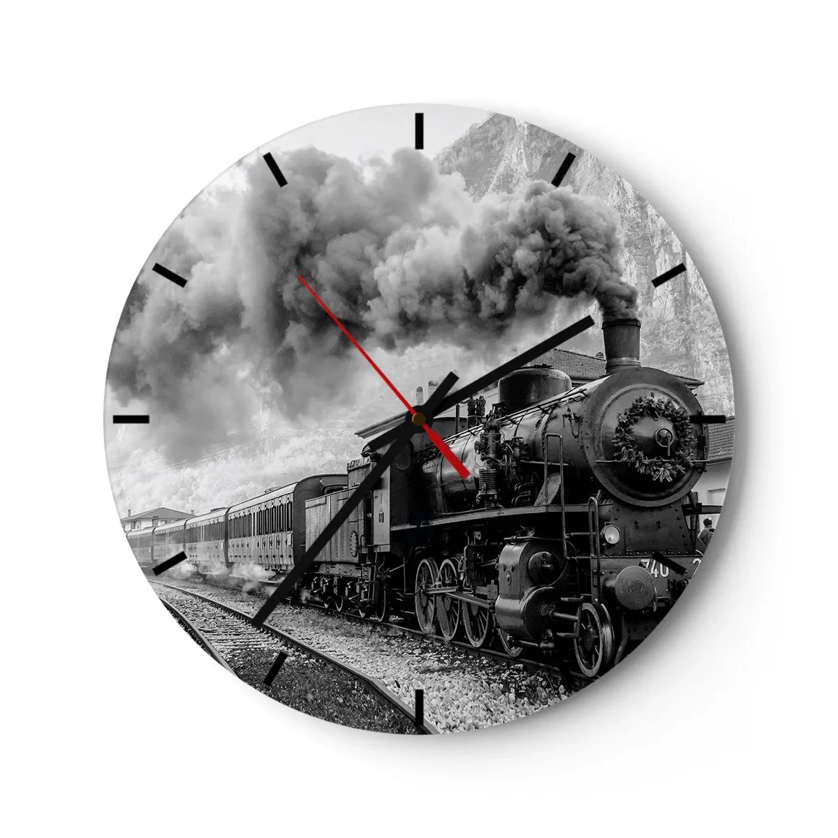 Wall clock - Clock on glass - A black and white steam locomotive with a smoking chimney - 30x30cm - Standing at the Station... - Modern wall decoration for the living room, kitchen, and bedroom ARTTOR