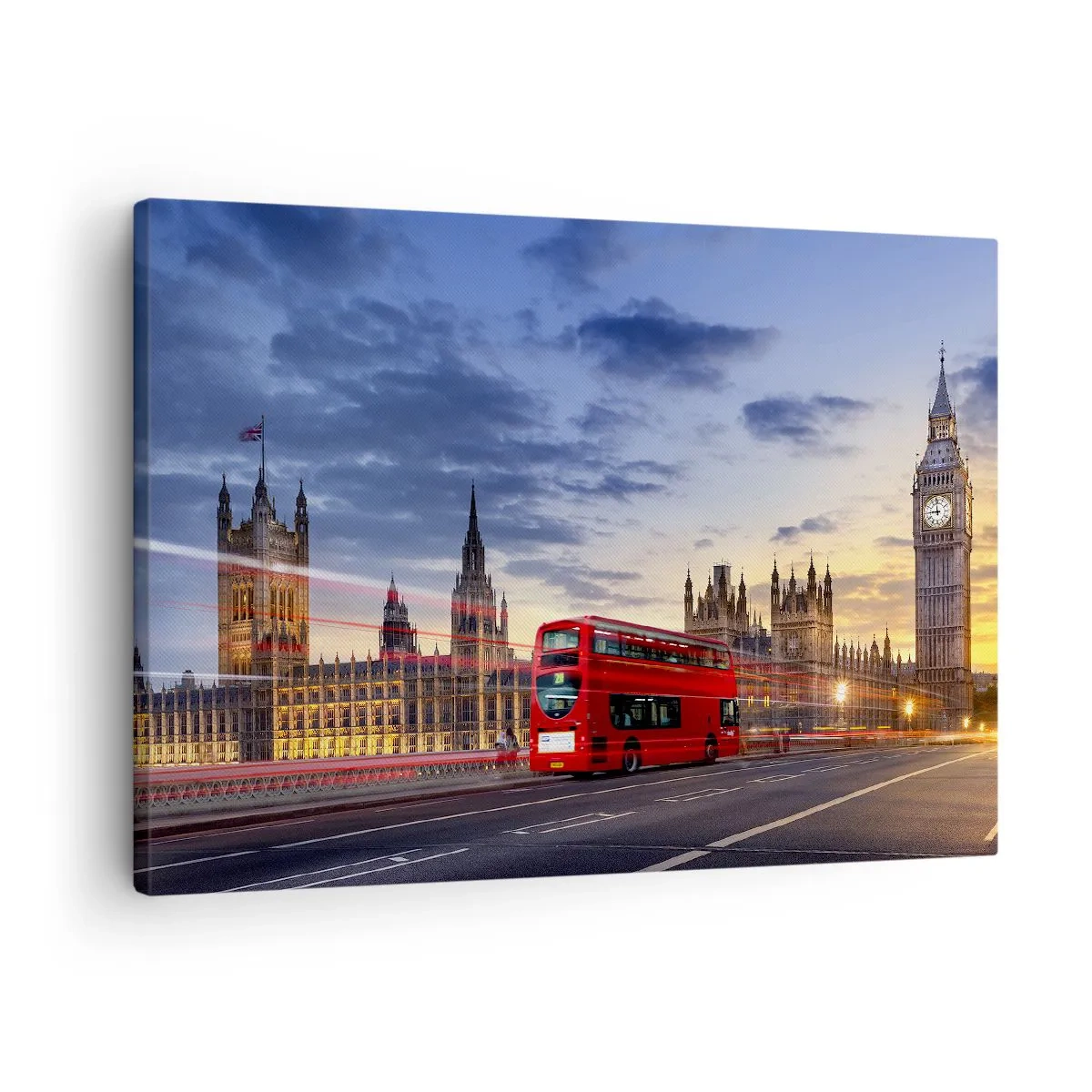 Canvas picture - A red bus with Big Ben and the Houses of Parliament in the background at dusk. - 70x50cm - Characteristic Landmarks - Modern wall decoration for the living room and bedroom ARTTOR