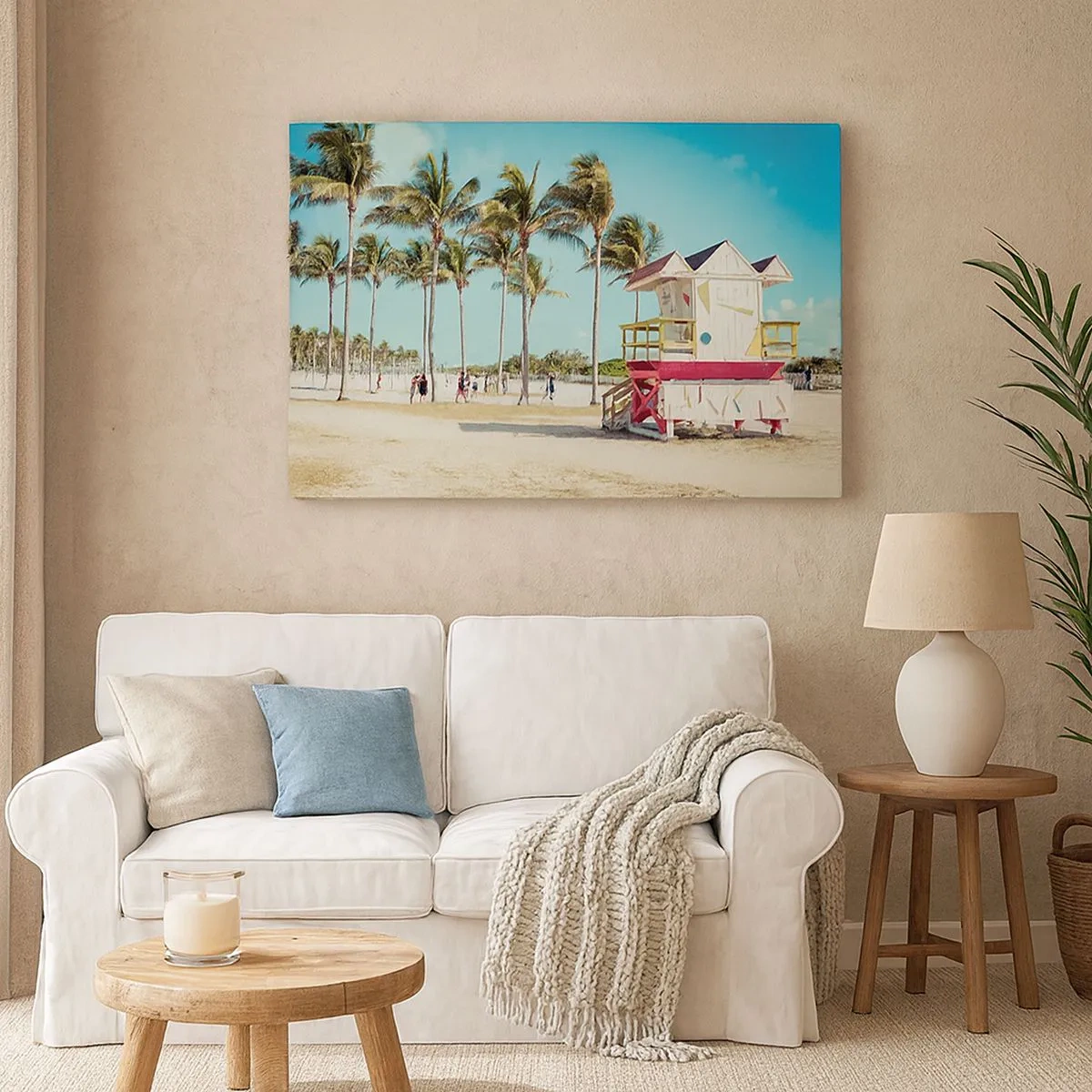 Canvas picture - A beach with palm trees and a lifeguard tower in the background - 70x50cm - Beautiful Day before You - Modern wall decoration for the living room and bedroom ARTTOR