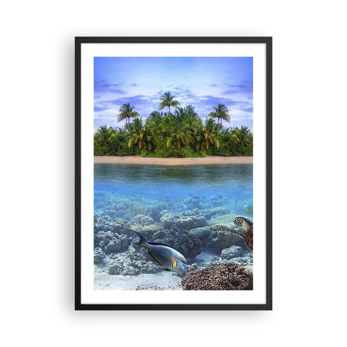Poster in black frame - tropical island with a coral reef and exotic fish. - 50x70cm - Heavenly Island Invites You - Modern wall decoration for the living room and bedroom ARTTOR