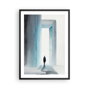 Poster in black frame - A figure walking through a blue gate, symbolizing freedom and limitless possibilities - 50x70cm - Live Without Limitations - Modern wall decoration for the living room and bedroom ARTTOR