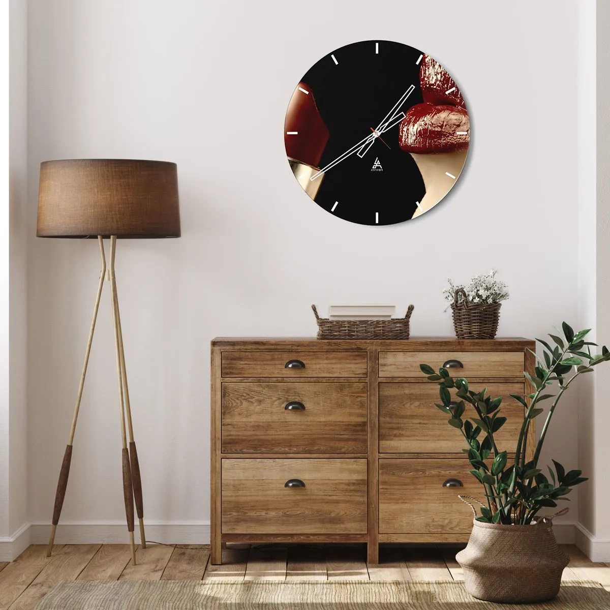 Wall clock - Clock on glass - Red lips and lipstick on a black background - 30x30cm - Sensuality and Glow of Carmine - Modern wall decoration for the living room, kitchen, and bedroom ARTTOR