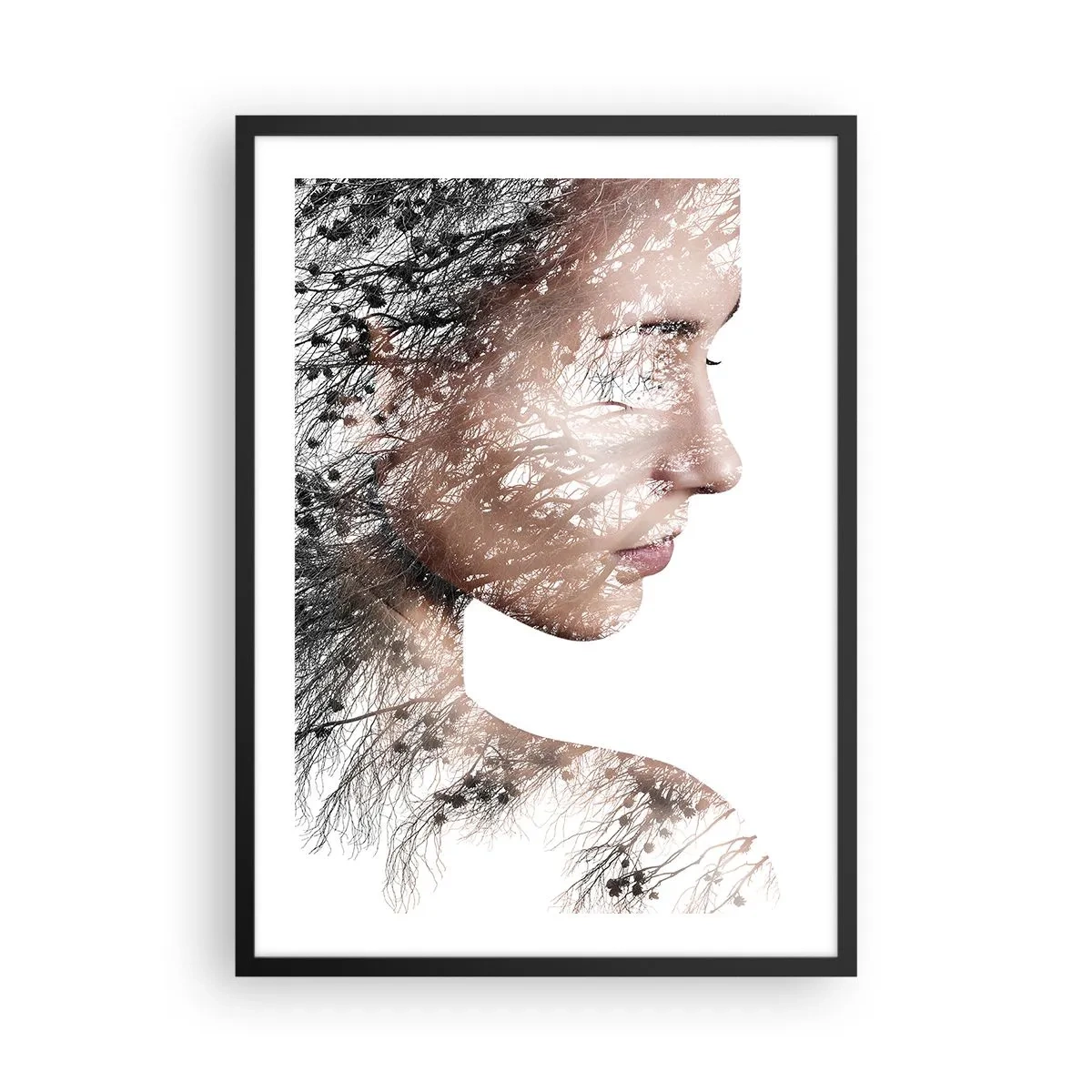 Poster in black frame - Double exposure portrait of a woman with a nature motif - 50x70cm - Spirit of a Forest - Modern wall decoration for the living room and bedroom ARTTOR