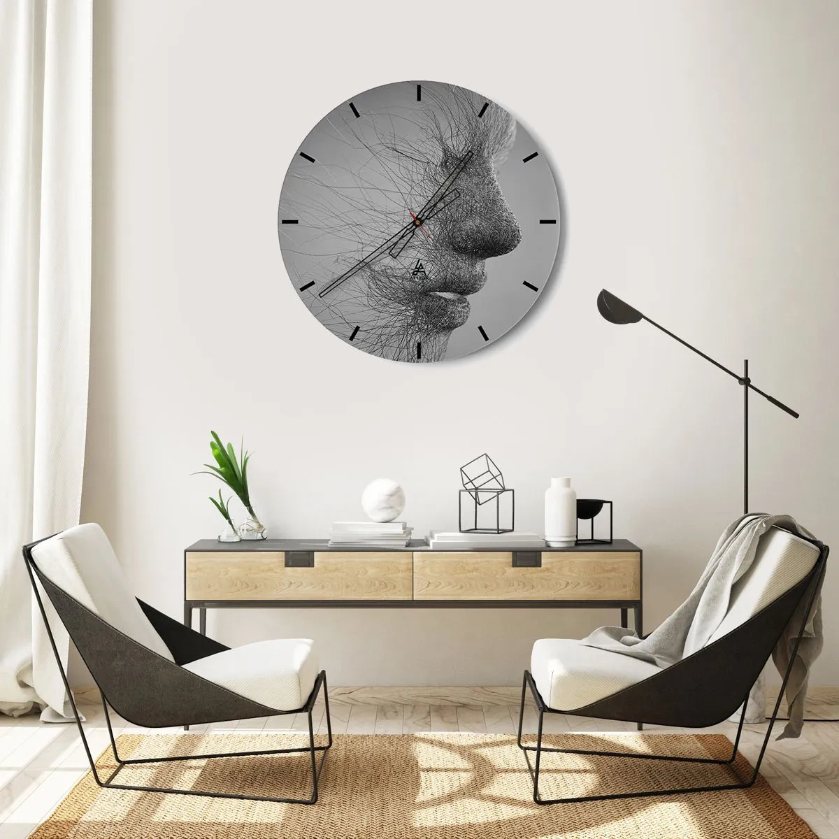 Wall clock - Clock on glass - Abstract face with thin lines on a gray background - 30x30cm - Spirit of the Wind - Modern wall decoration for the living room, kitchen, and bedroom ARTTOR