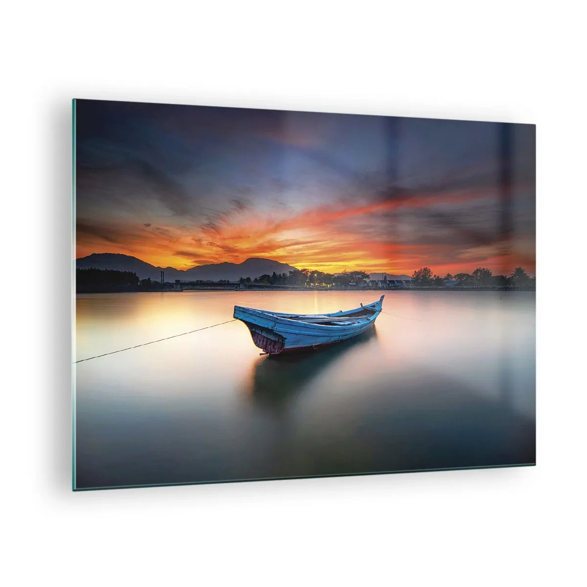Glass picture - Wooden boat on the lake at sunset - 70x50cm - Here Comes a Good Night - Modern wall decoration for the living room and bedroom ARTTOR