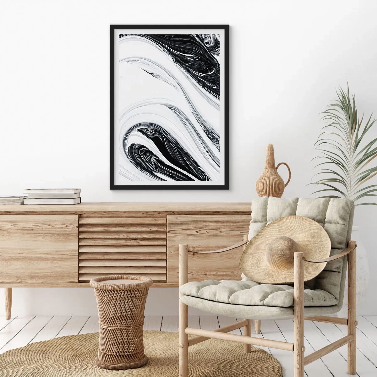 Poster in black frame - Abstract pattern in black and white with flowing lines - 50x70cm - Connection of Opposites - Modern wall decoration for the living room and bedroom ARTTOR