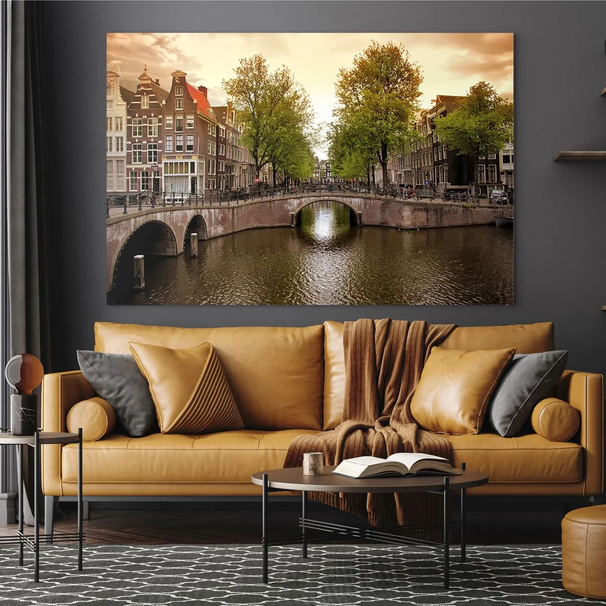 Glass picture - A canal and a bridge surrounded by tenement houses in Amsterdam - 70x50cm - By Boat or by Bike? - Modern wall decoration for the living room and bedroom ARTTOR