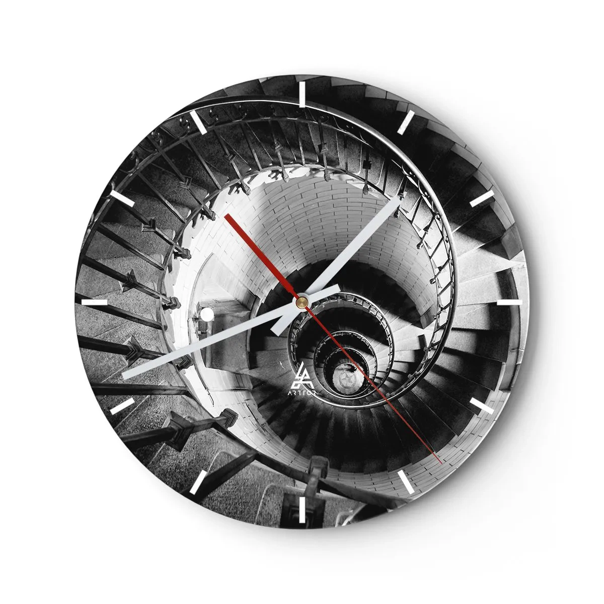 Wall clock - Clock on glass - Black and white spiral staircase seen from above - 30x30cm - Up and Upwards - Modern wall decoration for the living room, kitchen, and bedroom ARTTOR